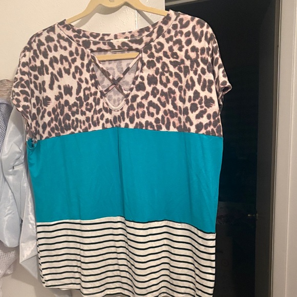 Lovely Melody Tops - Lovely Melody Leopard and Teal Striped Women's Top